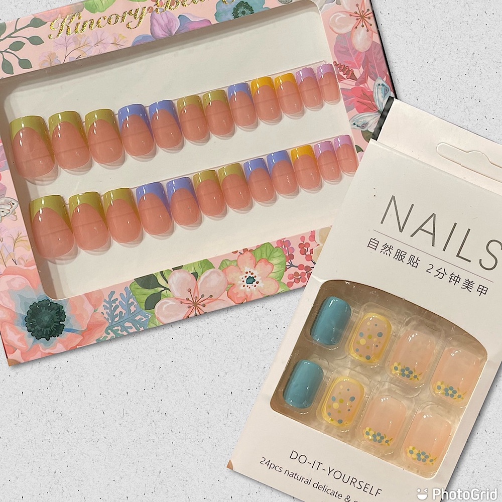NEW Multicolor French Tip Style Flower Blue Yellow Polka Dot Nail Set Bundle